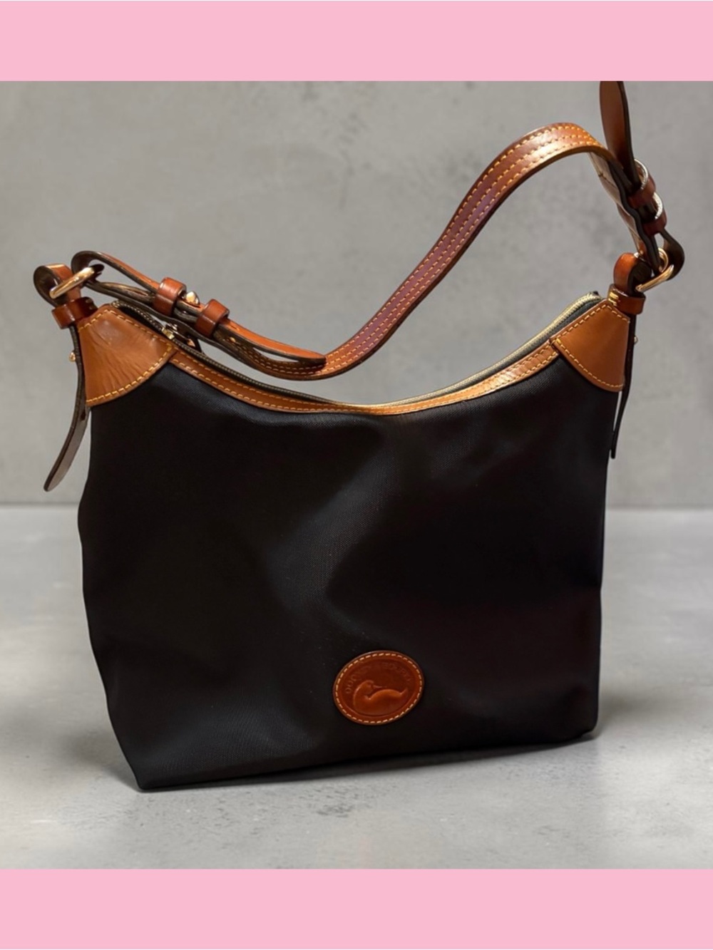 Dooney & Bourke Black Nylon Shoulder Bag with Brown Leather Trim